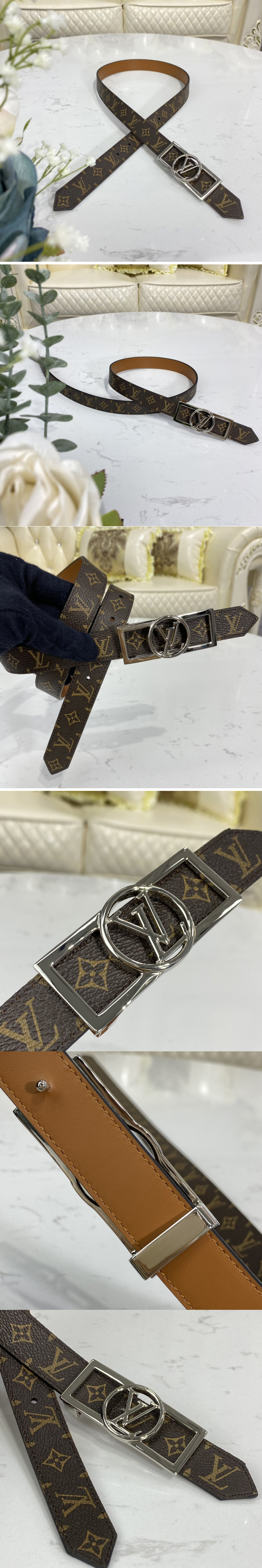 Replica Louis Vuitton M0196U LV Dauphine 25mm Reversible belt in Monogram/Tan Brown With Silver Buckle