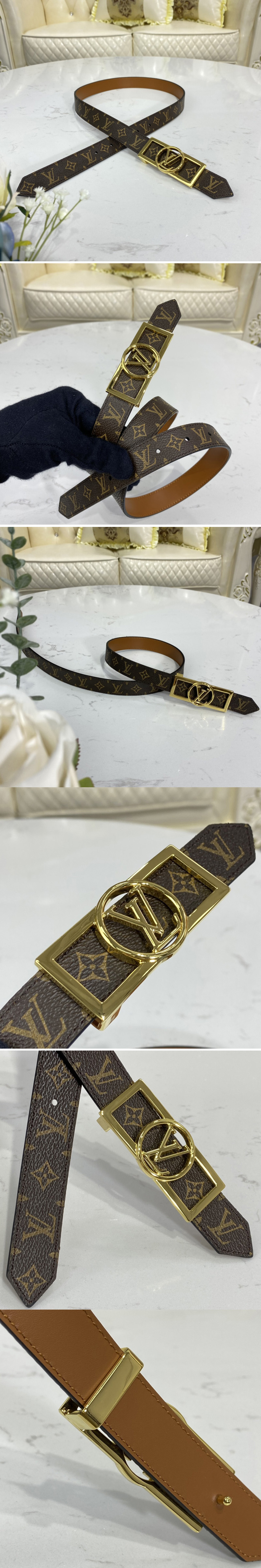 Replica Louis Vuitton M0196U LV Dauphine 25mm Reversible belt in Monogram/Tan Brown With Gold Buckle