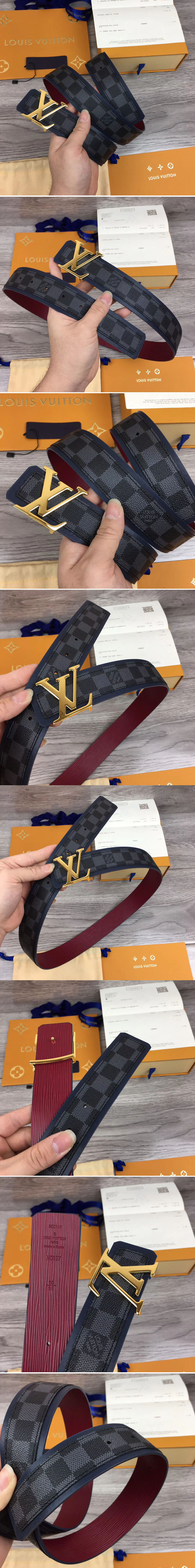 Replica Louis Vuitton M0197U LV Initiales 40mm Reversible Belt Damier Graphite Canvas Gold LV Buckle