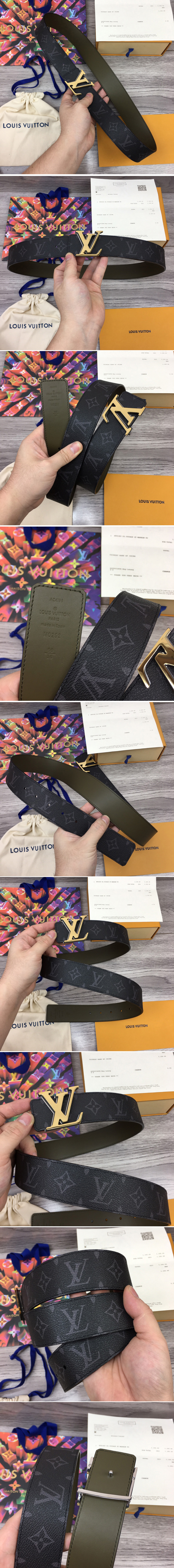 Replica Louis Vuitton M0252V LV Line 40mm reversible belt in Monogram Eclipse Canvas With Gold Buckle