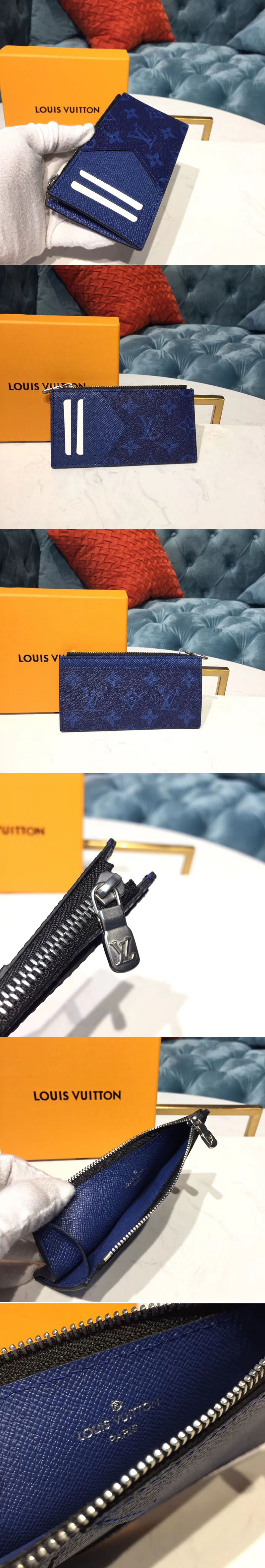 Replica Louis Vuitton M30270 LV Coin Card Holder Monogram canvas and Taiga Leather Blue