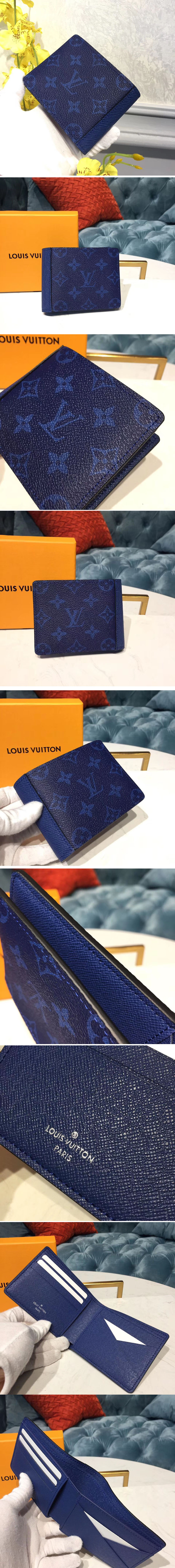 Replica Louis Vuitton M30299 LV Multiple Wallet Monogram Canvas and Taiga Leather Blue