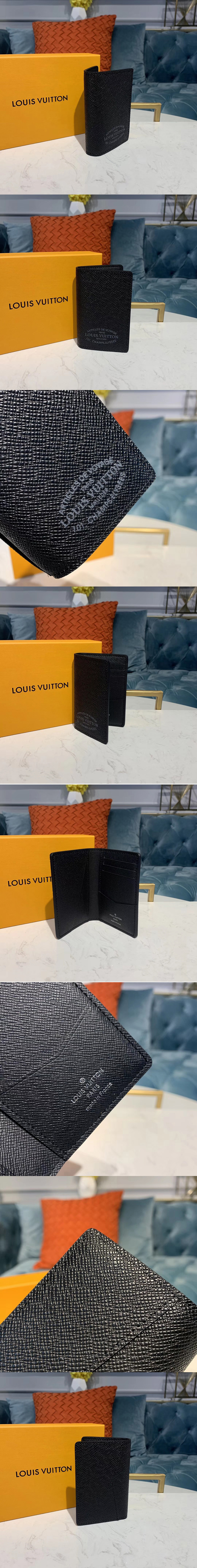 Replica Louis Vuitton M30375 LV Pocket Organizer Wallets Black Taiga leather