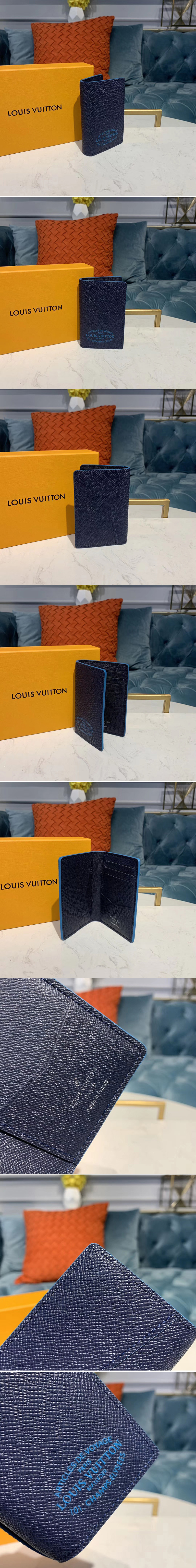 Replica Louis Vuitton M30379 LV Pocket Organizer Wallets Blue Taiga leather