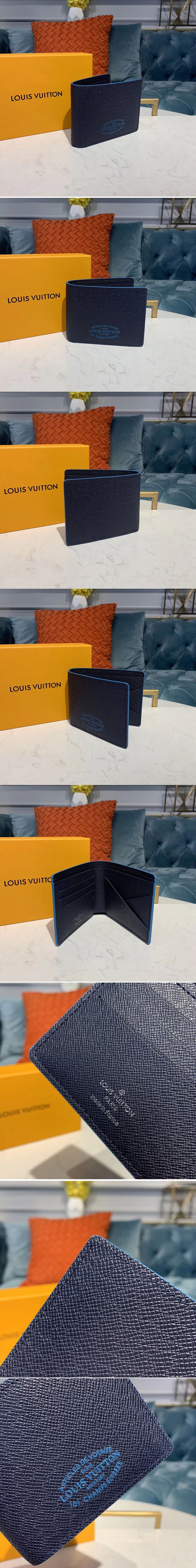 Replica Louis Vuitton M30381 LV Multiple Wallet Navy Blue Taiga leather