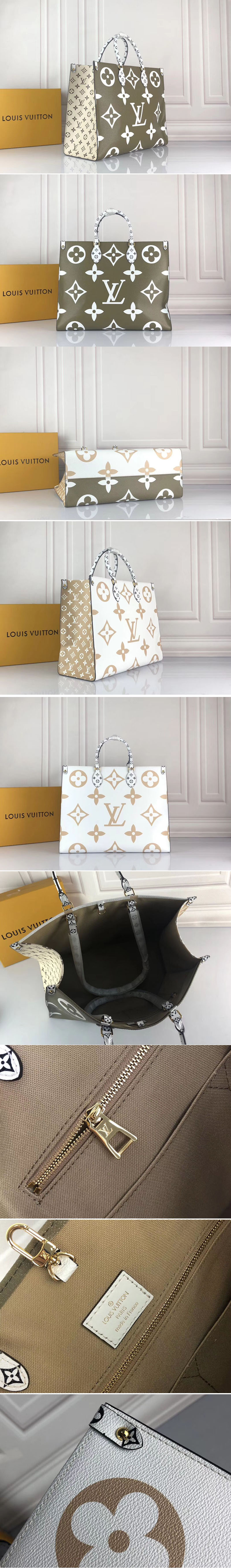Replica Louis Vuitton M44571 LV Onthego tote bags Monogram coated canvas Khaki Green/White/Beige/Crème Beige