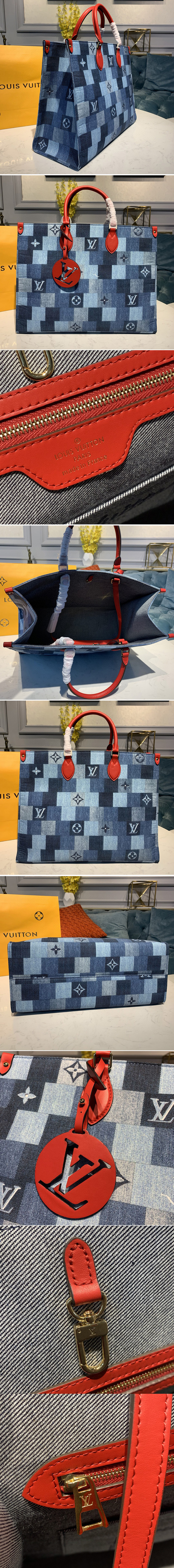 Replica Louis Vuitton M44992 LV Onthego GM tote bag in Blue/Red Monogram Denim canvas