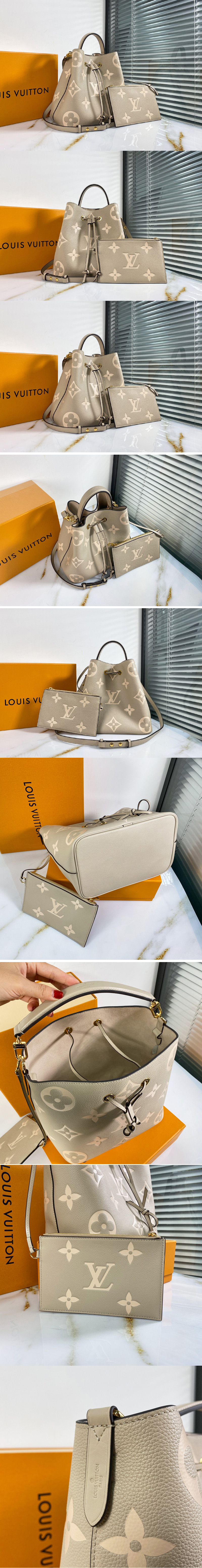 Replica Louis Vuitton M45555 LV NéoNoé MM bucket bag in Tourterelle Gray/Cream Monogram Empreinte Leather