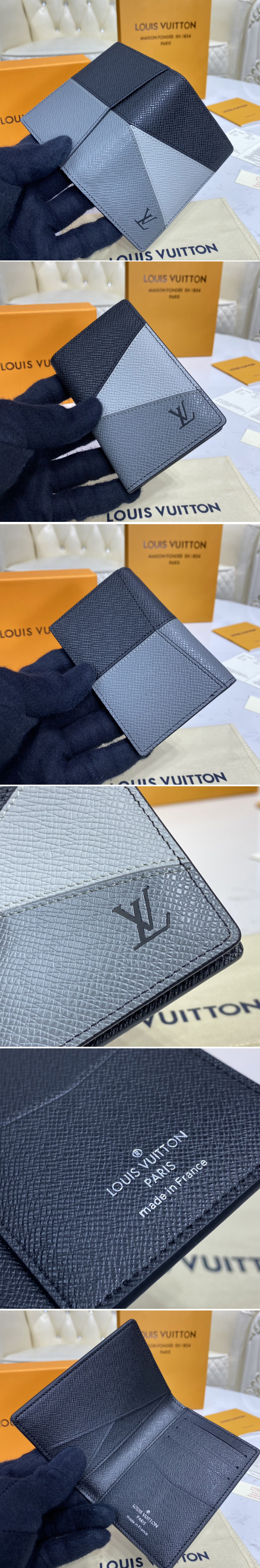 Replica Louis Vuitton M30729 LV Pocket Organizer Wallet in Gray monochrome Taiga leather