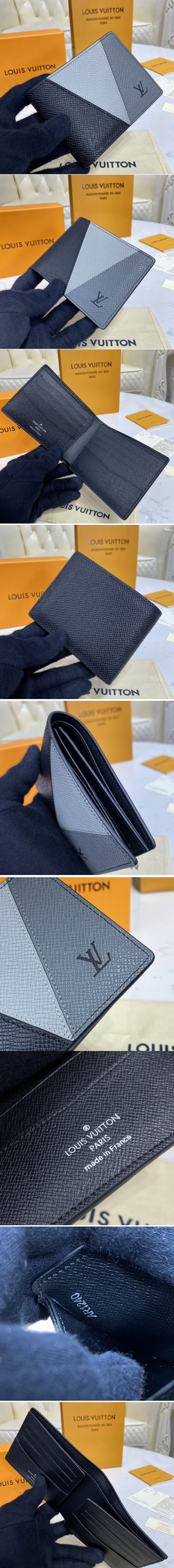 Replica Louis Vuitton M60895 LV Multiple wallet in Gray monochrome Taiga leather