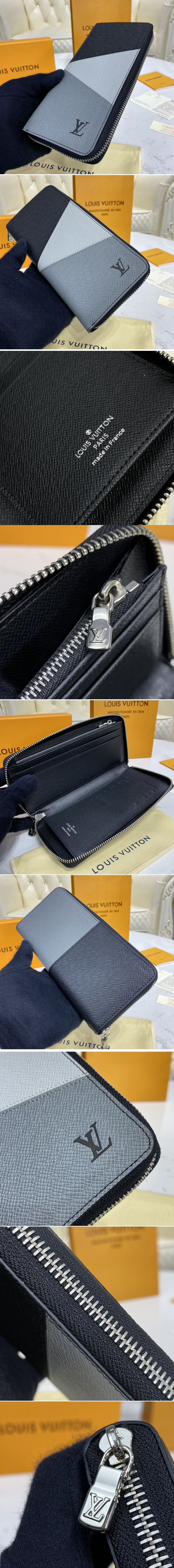 Replica Louis Vuitton M30731 LV Zippy Vertical wallet in Gray monochrome Taiga leather