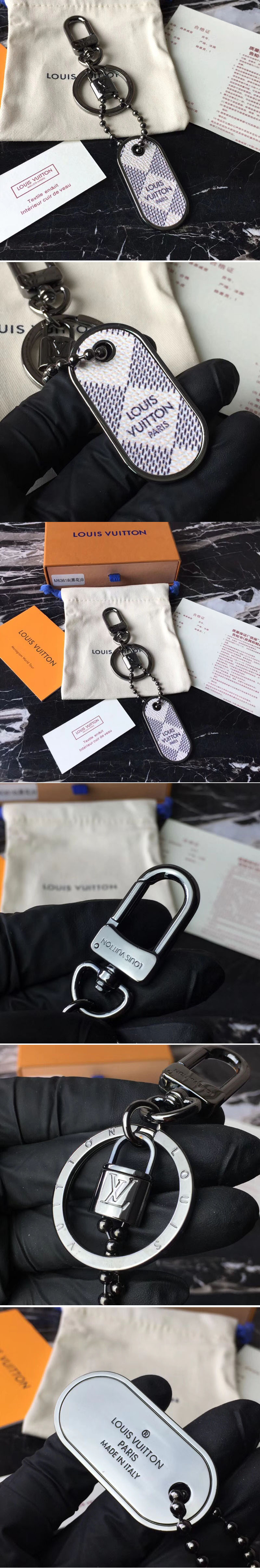 Replica Louis Vuitton M63618 LV Tab Bag Charm and Key Holder Damier Azur Canvas Black Hardware