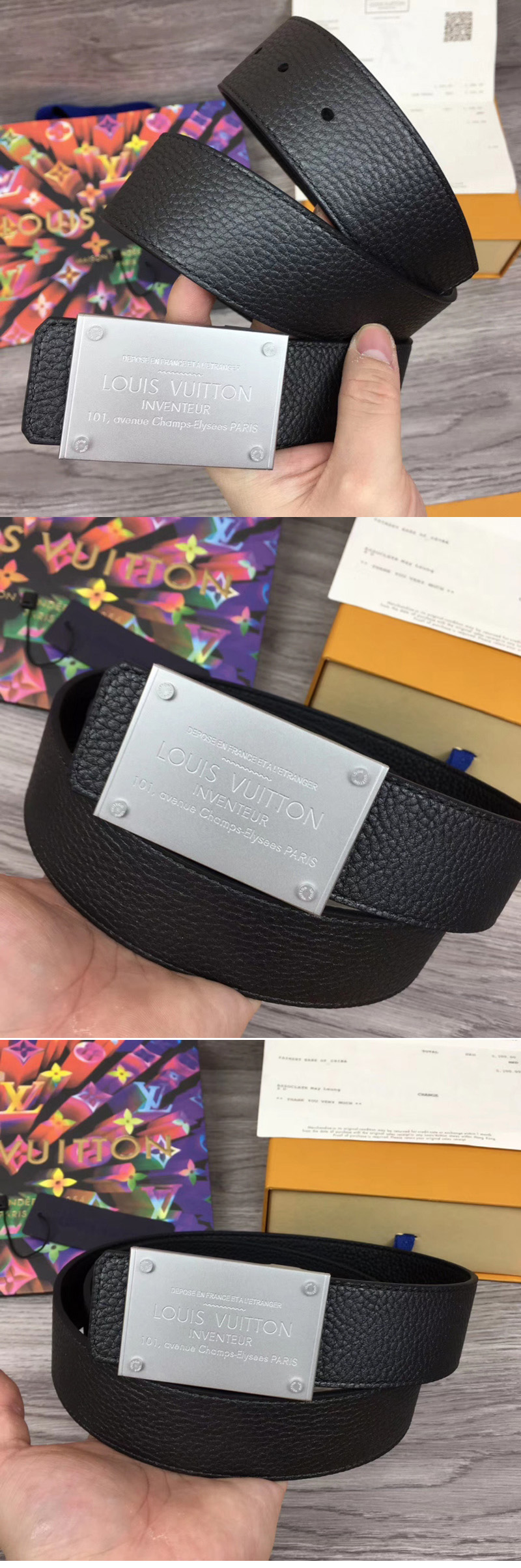 Replica Louis Vuitton M9234 LV Neo Inventeur Reversible 40mm Belts Black Taurillon Leather Silver Buckle