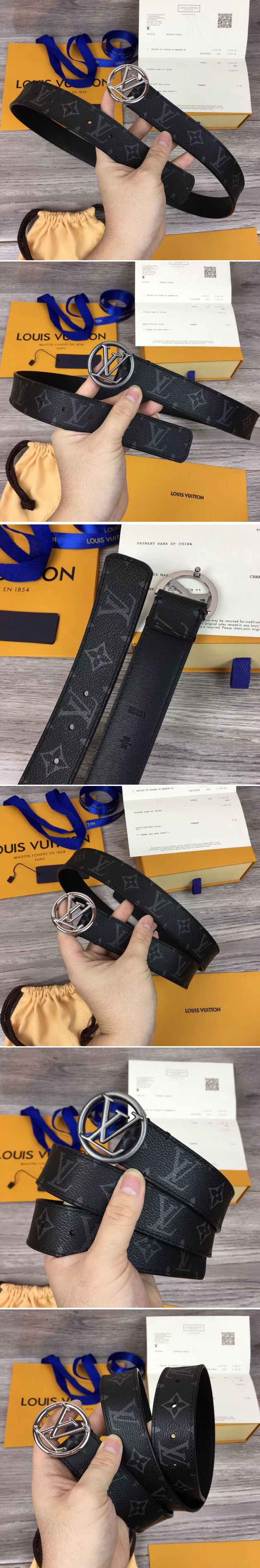 Replica Louis Vuitton M9931Q LV Circle 35mm Mens Belts Monogram Eclipse Canvas Silver Buckle