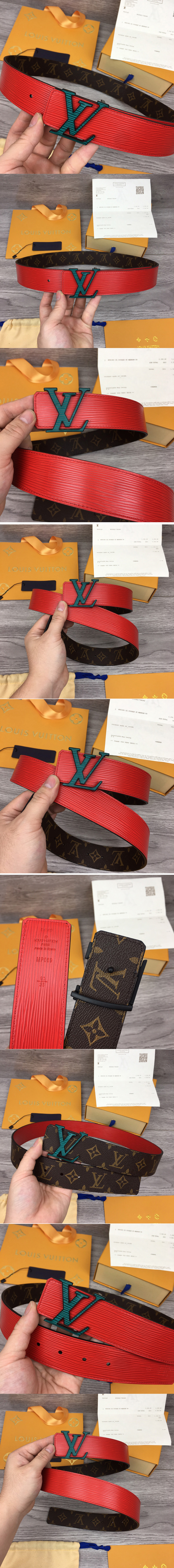 Replica Louis Vuitton MP069V LV Initiales 40mm reversible belt In Red Epi/Monogram Canvas With Green Buckle