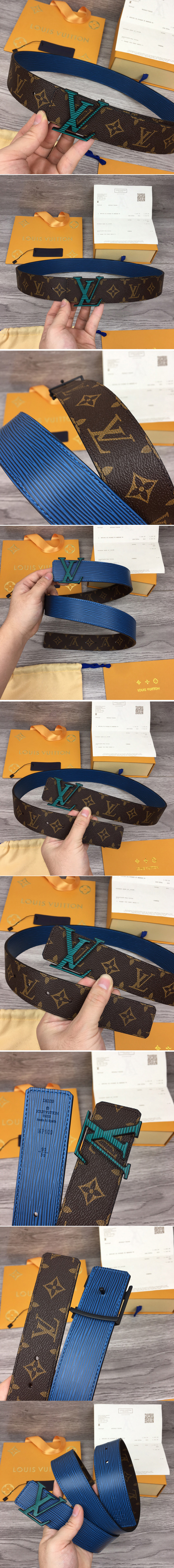 Replica Louis Vuitton MP109V LV Initiales 40mm reversible belt In Blue Epi/Monogram Canvas With Green Buckle