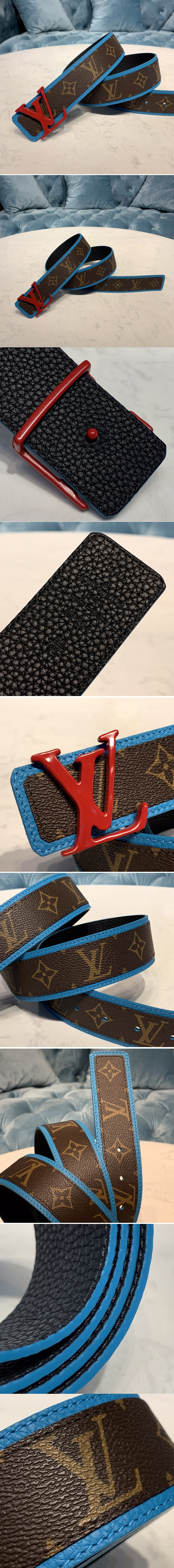 Replica Louis Vuitton MP204V LV Shape Patchwork 40mm belt in Monogram canvas With Red Buckle
