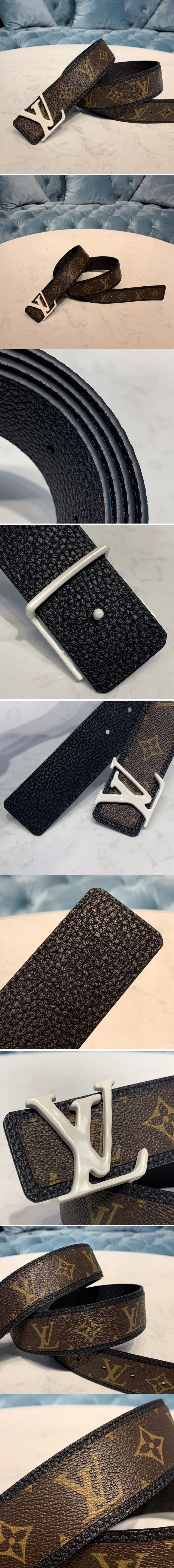 Replica Louis Vuitton MP205V LV Shape Patchwork 40mm belt in Monogram canvas With White Buckle