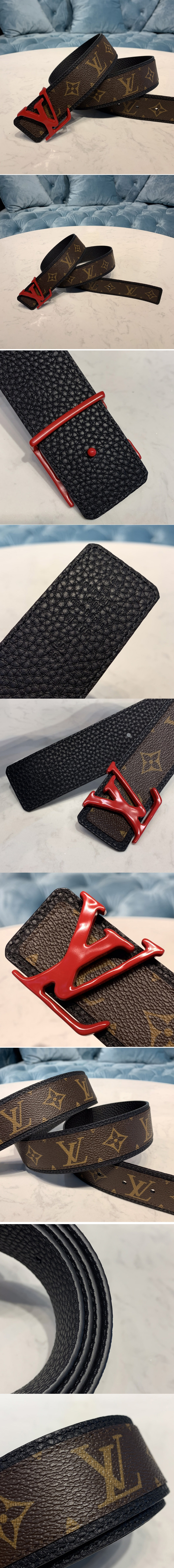 Replica Louis Vuitton MP205V LV Shape Patchwork 40mm belt in Monogram canvas With Red Buckle