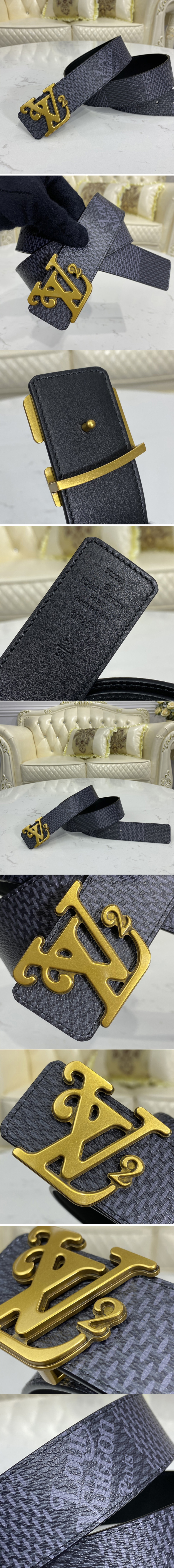 Replica Louis Vuitton MP255V LV Squared LV 40mm reversible belt in Damier Graphite Canvas/Black With Aged-Gold Buckle