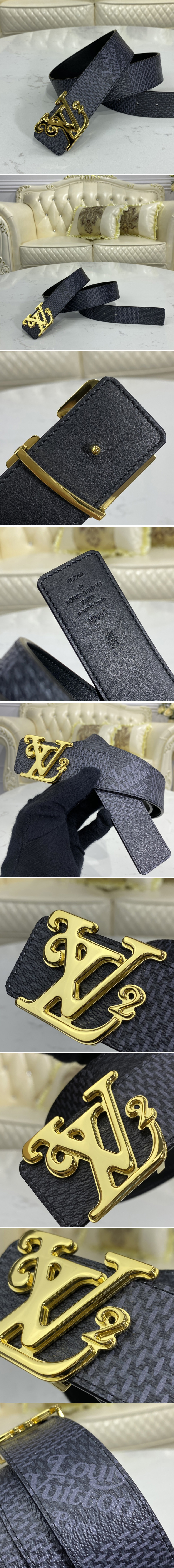 Replica Louis Vuitton MP255V LV Squared LV 40mm reversible belt in Damier Graphite Canvas/Black With Gold Buckle