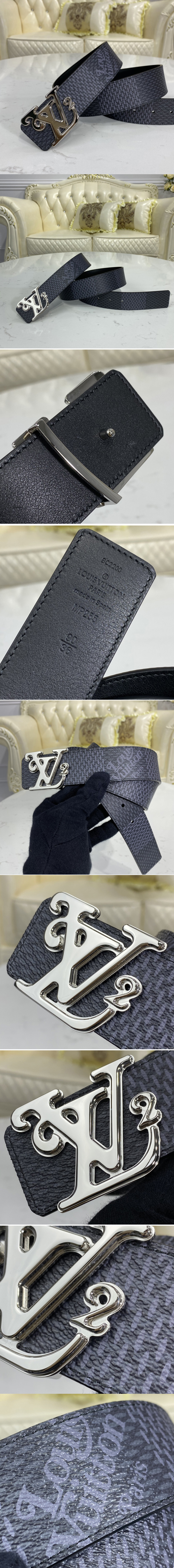 Replica Louis Vuitton MP255V LV Squared LV 40mm reversible belt in Damier Graphite Canvas/Black With White Buckle