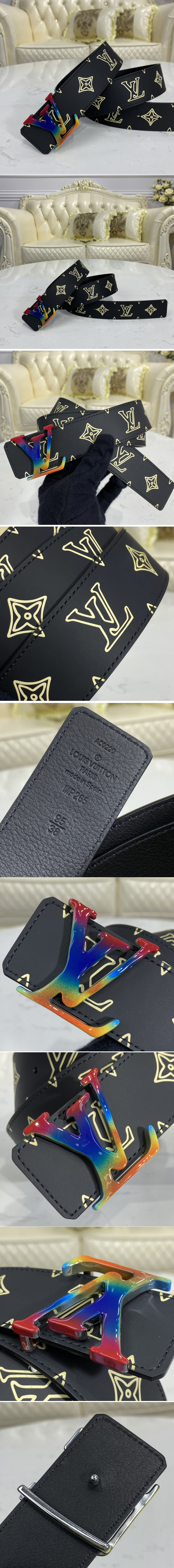 Replica Louis Vuitton MP265V LV Shape 40mm Raffia reversible belt Gray/Black With MultiColor Buckle