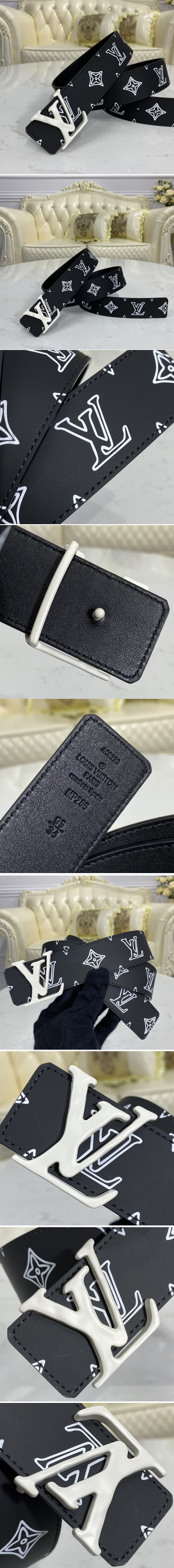 Replica Louis Vuitton MP266V LV Shape 40mm Raffia reversible belt White/Black With White Buckle