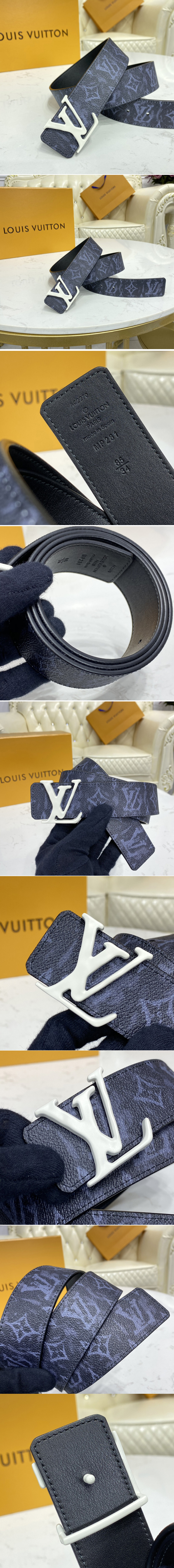 Replica Louis Vuitton MP281V LV LV Shape 40MM reversible belt in Monogram canvas and Calf leather With White Buckle