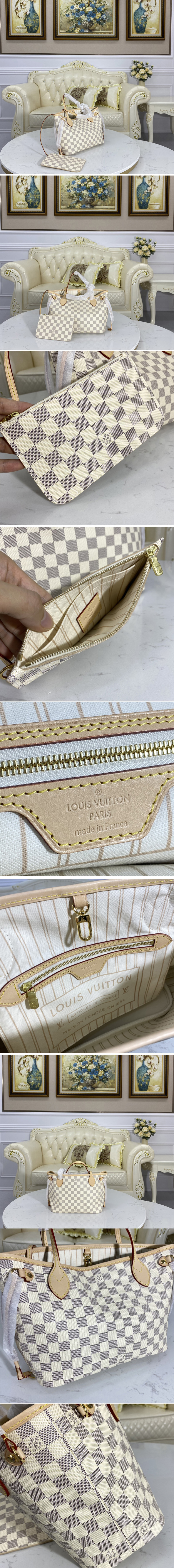 Replica Louis Vuitton N41362 LV Neverfull PM tote Bag in Damier Azur coated canvas