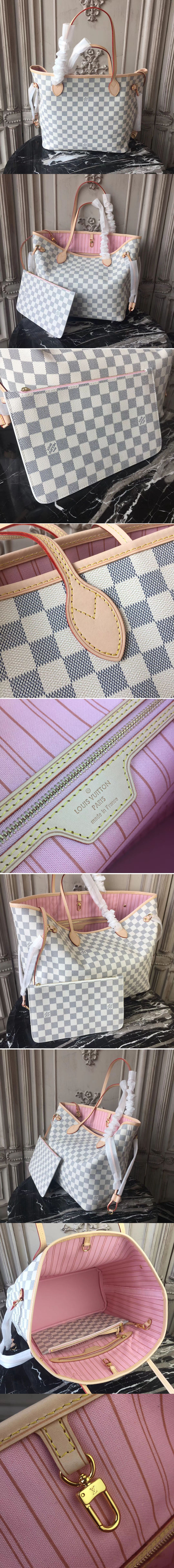 Replica Louis Vuitton N41605 Neverfull MM Damier Azur Canvas Bags Pink