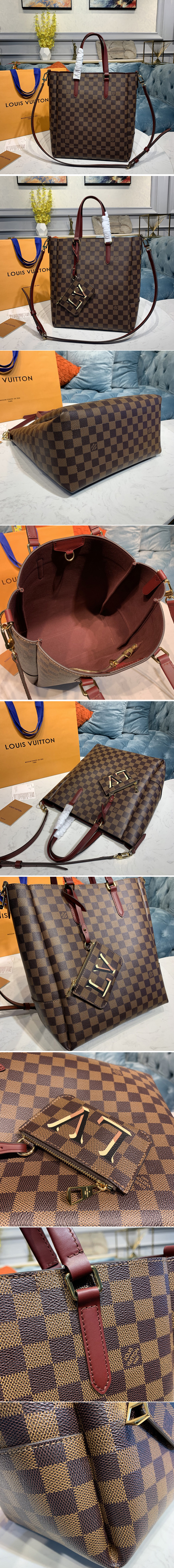 Replica Louis Vuitton N60293 LV Belmont MM Bag in Damier Ebene canvas With Cherry Berry Leather
