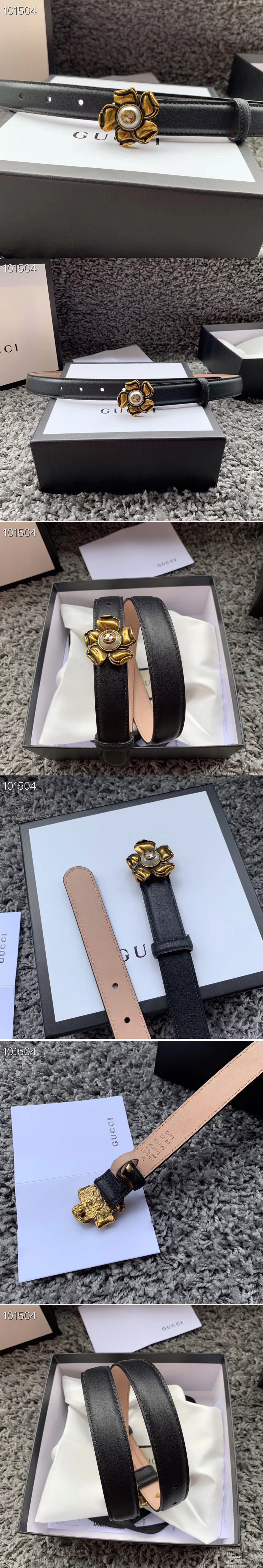 Replica Women's Gucci 370717 GG Marmont 25mm Leather belt with Flower Buckle in Black Leather