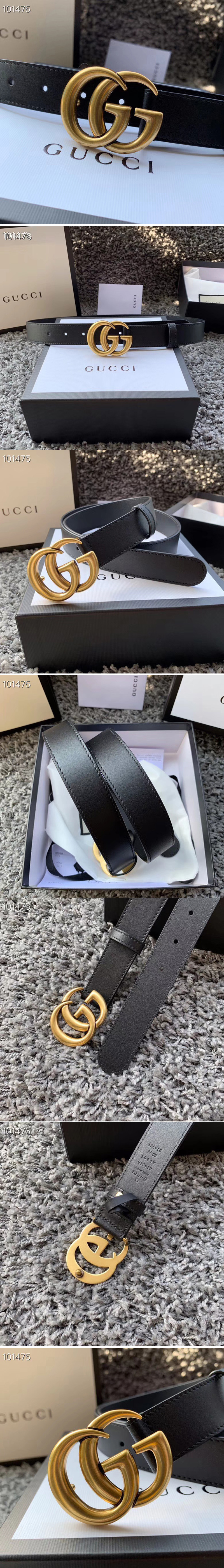 Replica Men's Gucci 414516 30mm Leather belt with Gold Double G buckle in Black Leather
