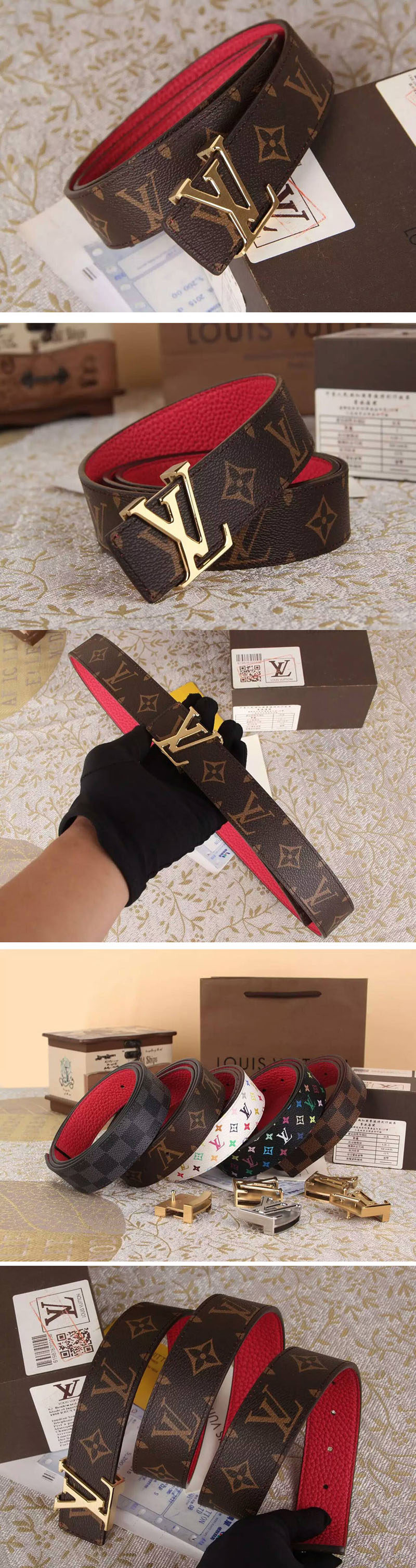 Replica Louis Vuitton Monogram Canvas Belts With Gold Buckle Red