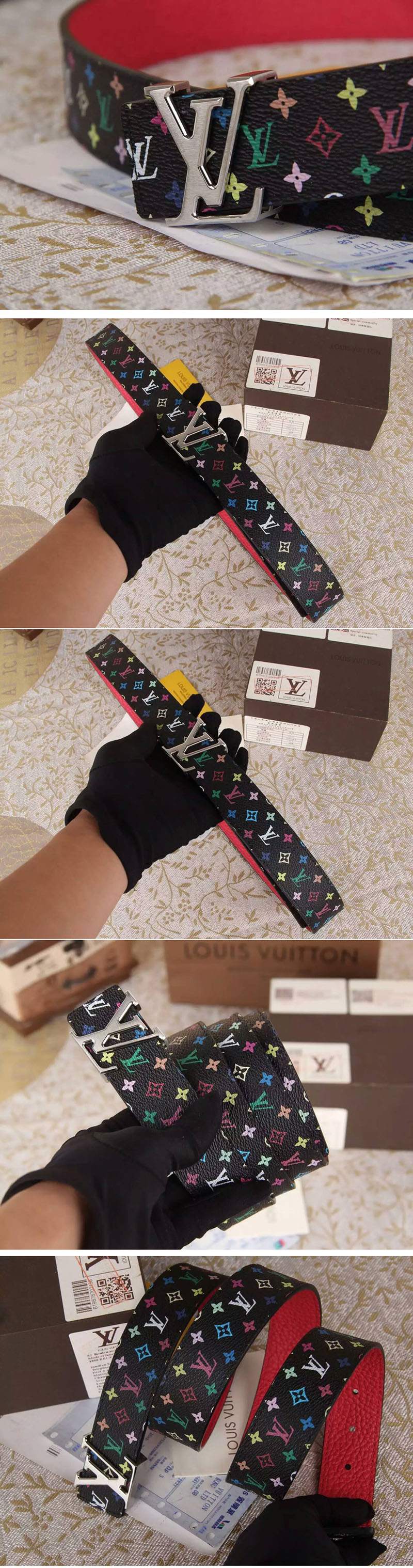 Replica Louis Vuitton Monogram Multicolor Black Belts With Silver Buckle