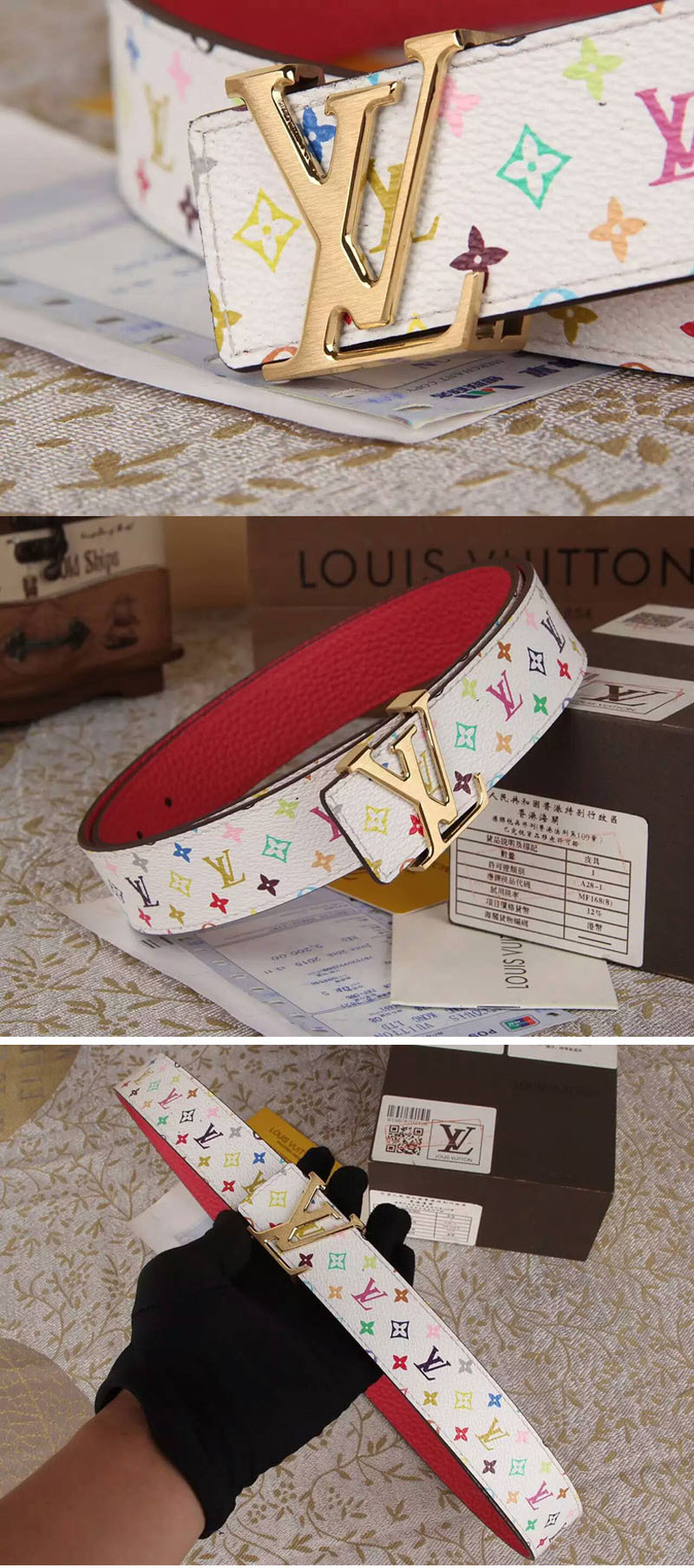 Replica Louis Vuitton Monogram Multicolor White Belts With Gold Buckle