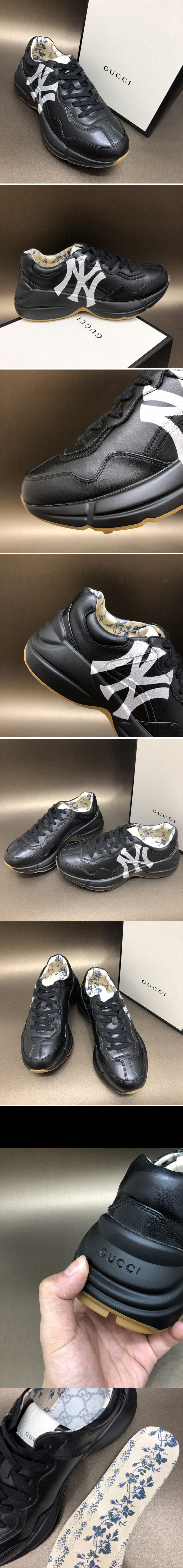 Replica Women and Men Gucci Rhyton Ny Yankees Leather Sneakers in Black Leather