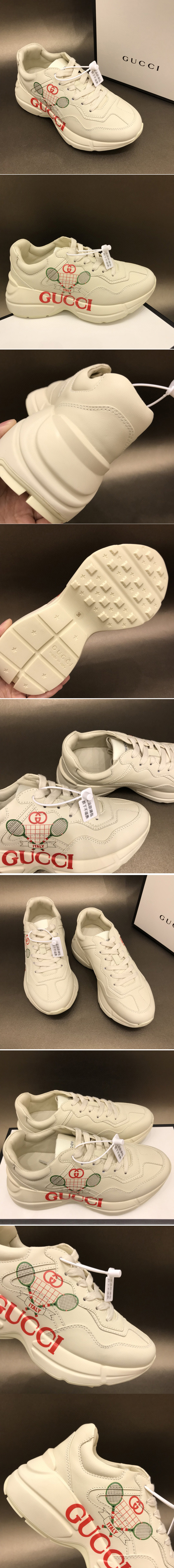 Replica Women and Men Gucci Rhyton Tennis Sneakers in White Leather