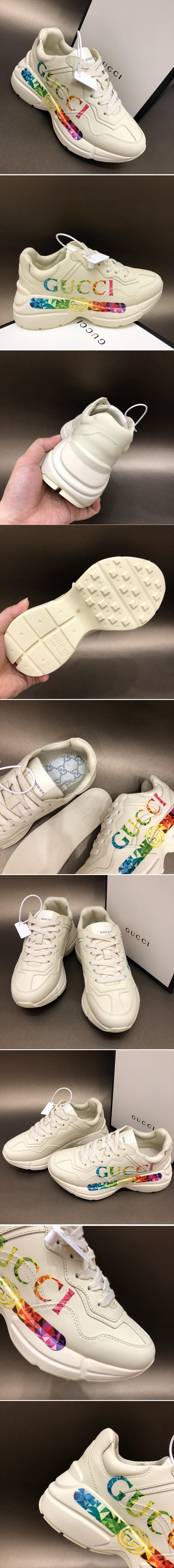 Replica Women and Men Gucci Rhyton leather sneaker with Gucci logo in White Leather