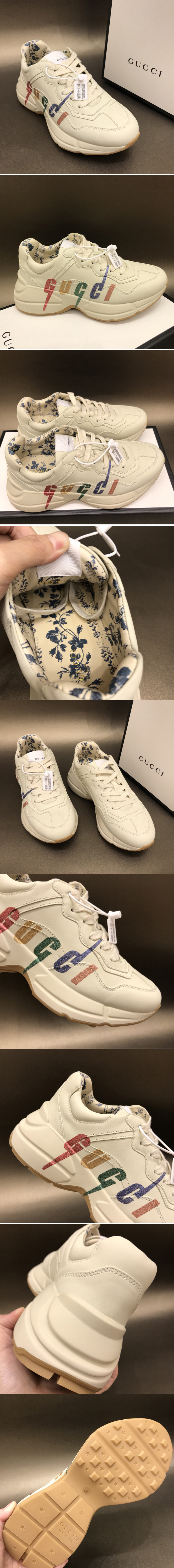 Replica Women and Men Gucci Rhyton leather sneaker with Gucci Blade in White Leather