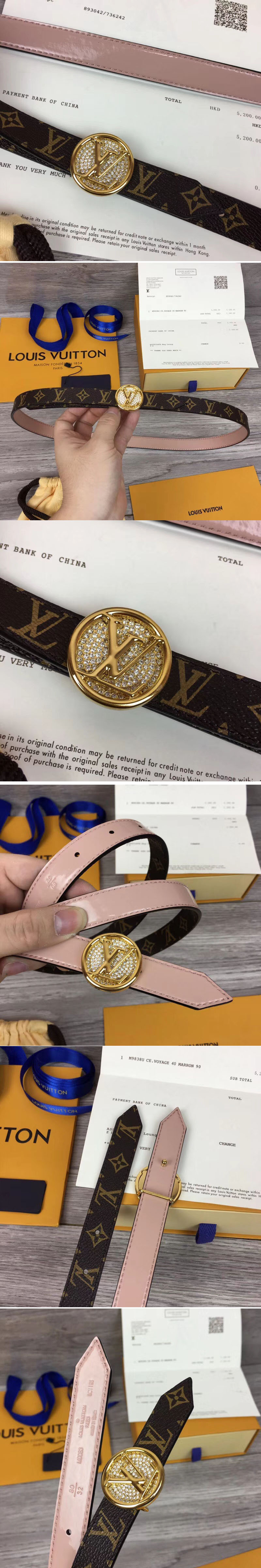 Replica Louis Vuitton M0083U Womens LV Circle 20mm Reversible Belt Monogram Canvas Gold Diamond Buckle