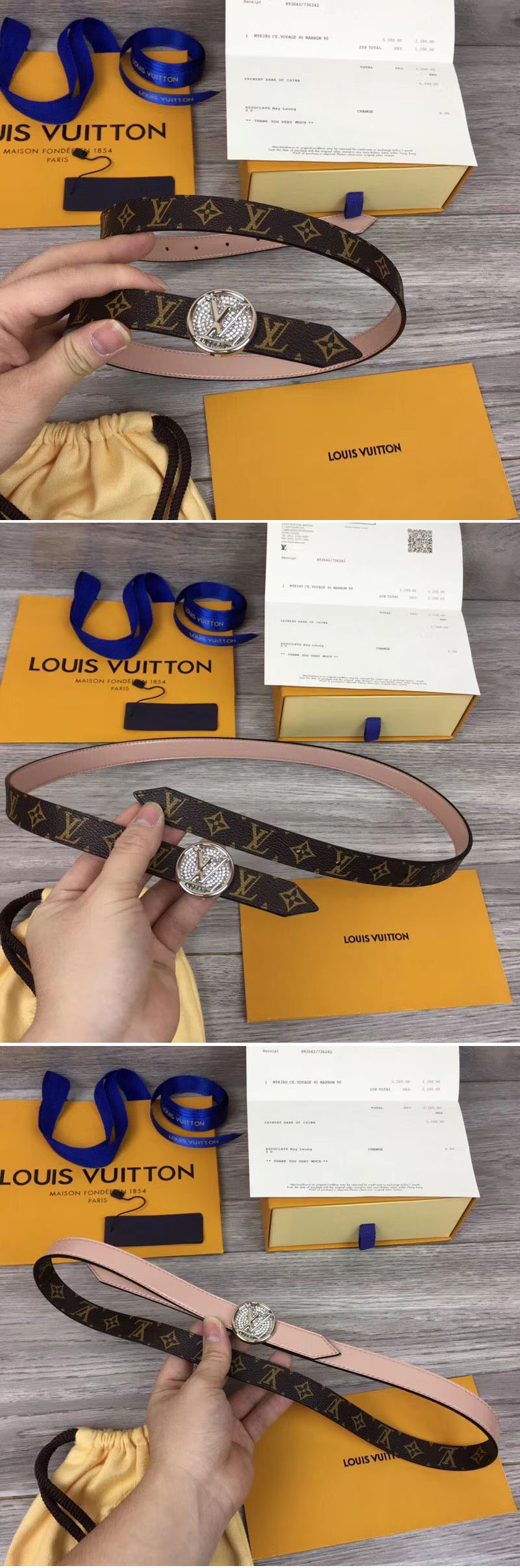 Replica Louis Vuitton M0083U Womens LV Circle 20mm Reversible Belt Monogram Canvas Silver Diamond Buckle