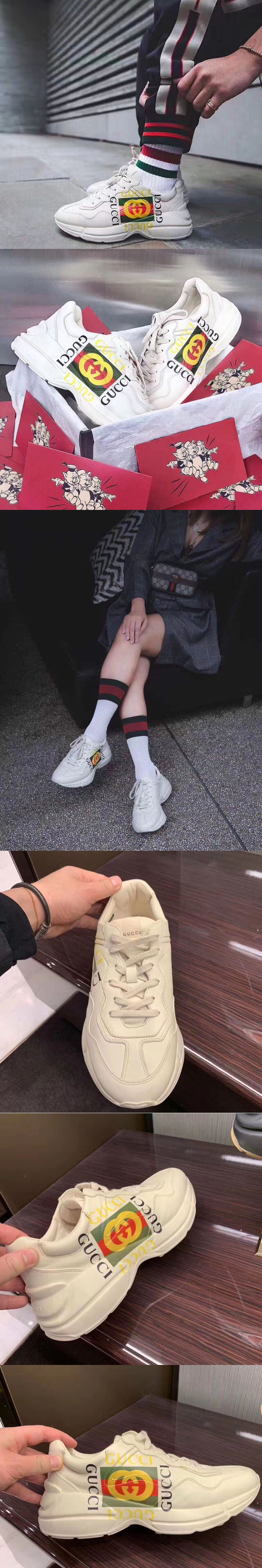Replica Gucci ‎500878 Rhyton Gucci logo leather sneaker and Shoes White Leather