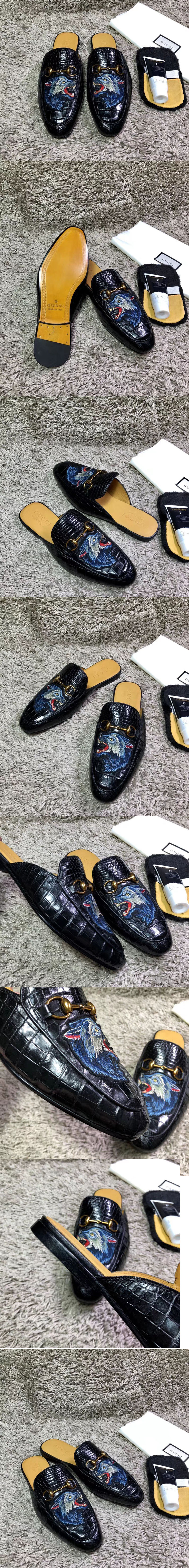 Replica Gucci ‎457135 Princetown embroidered slipper with wolf print Black Real Crocodile Leather