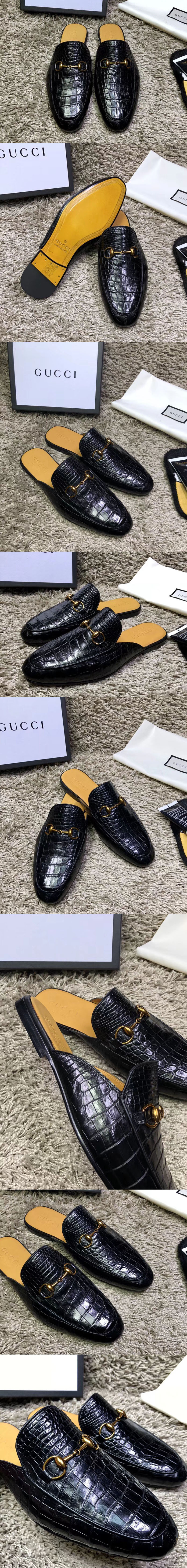 Replica Gucci ‎426219 Leather Horsebit slipper and shoes Black Real Crocodile Leather
