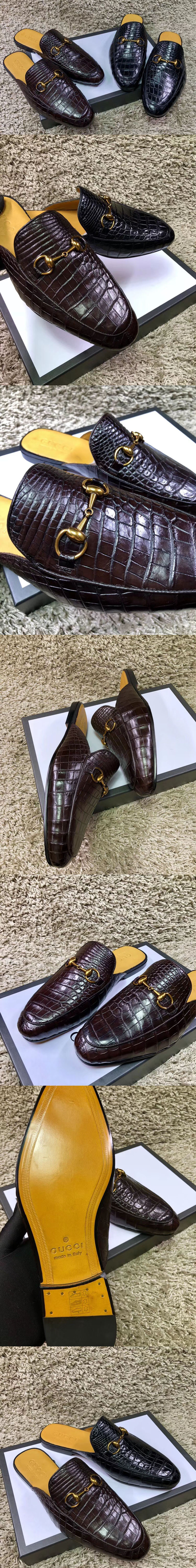 Replica Gucci ‎426219 Leather Horsebit slipper and shoes Brown Real Crocodile Leather
