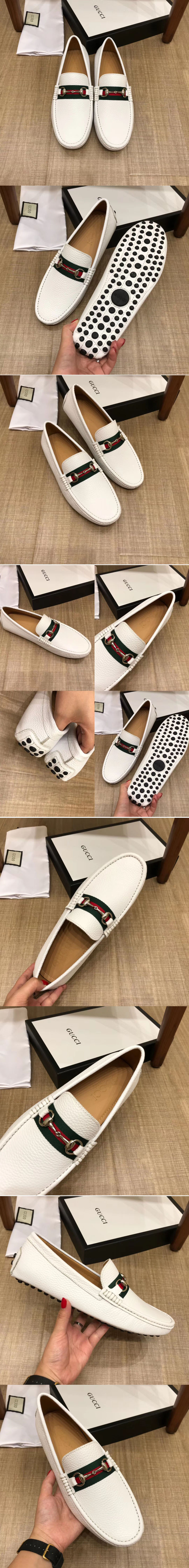 Replica Gucci 450892 Leather driver with Web Shoes White Leather
