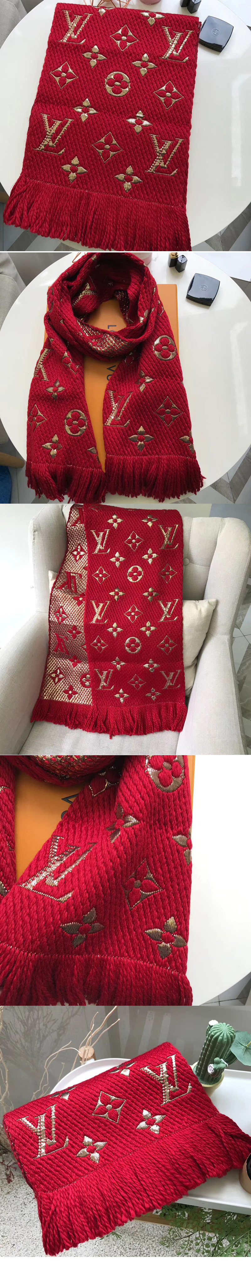 Replica Louis Vuitton M72432 LV Logomania Shine scarf Red Wool and silk