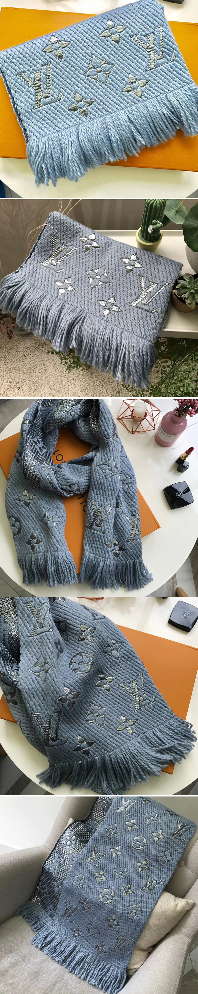 Replica Louis Vuitton M71839 LV Logomania Shine scarf Blue Wool and silk